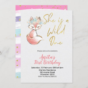 Fox She is a Wild One Birthday Invitation