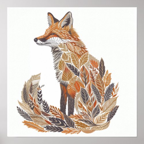 Fox Silhouette with Detailed Leaf Patterns Poster