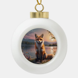 Fox sitting by the lake in the sunset. ceramic ball christmas ornament