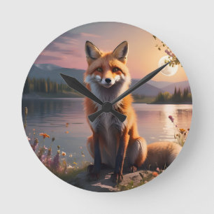 Fox sitting by the lake in the sunset. round clock