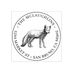 Fox Sketch Round Family Name & Return Address Rubber Stamp
