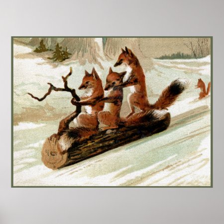 Fox Sleigh Ride Vintage Print
