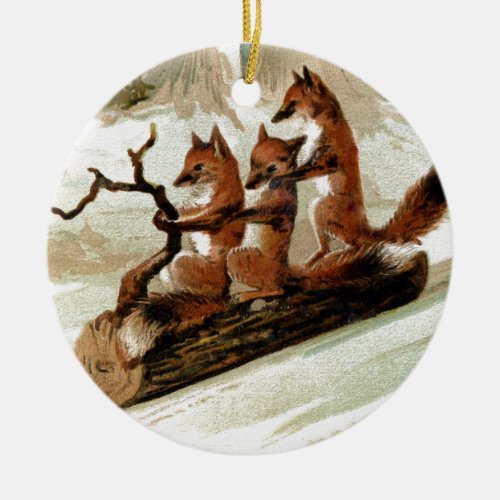 Fox Sleigh Ride Vintage Print Ceramic Ornament