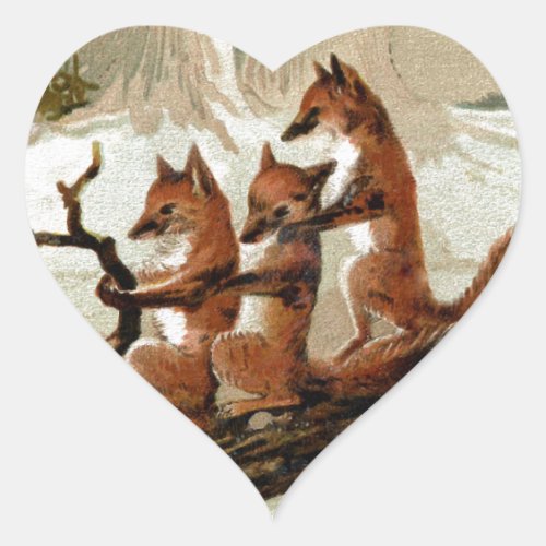 Fox Sleigh Ride Vintage Print Heart Sticker