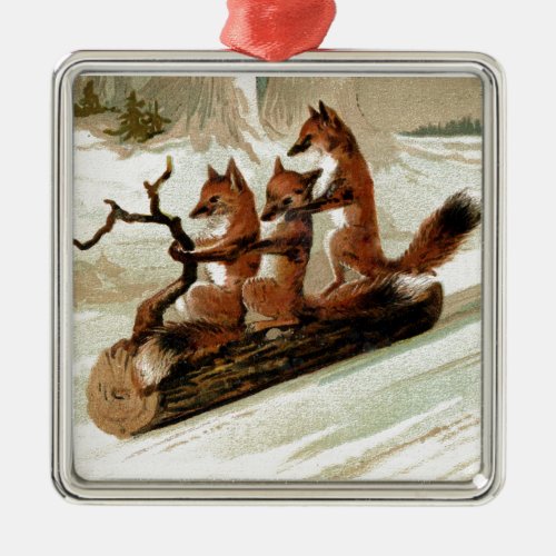 Fox Sleigh Ride Vintage Print Metal Ornament
