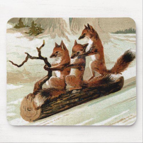 Fox Sleigh Ride Vintage Print Mouse Pad