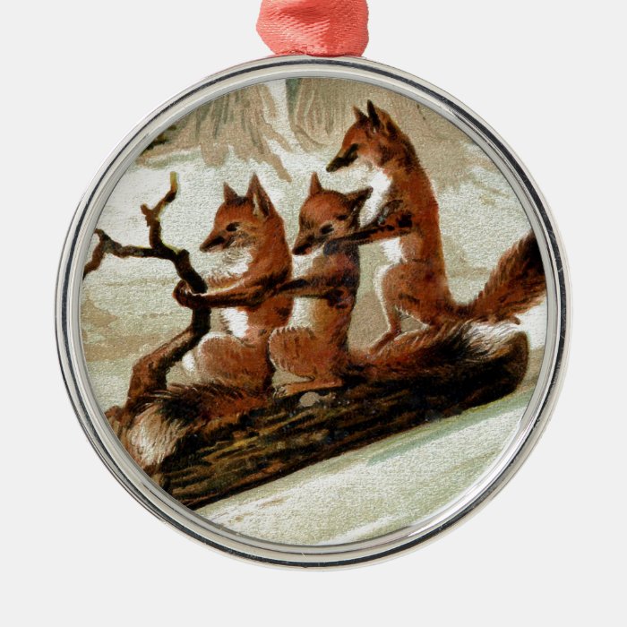 Fox Sleigh Ride Vintage Print Christmas Tree Ornaments