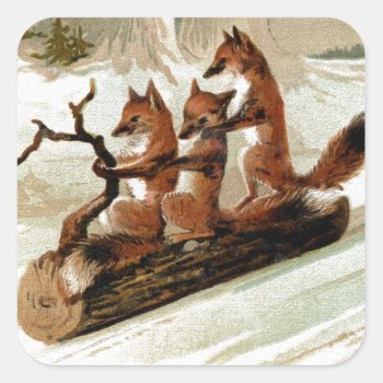 Fox Sleigh Ride Vintage Print Square Sticker by Kinder_Kleider at Zazzle