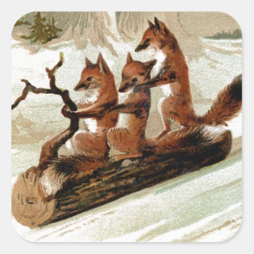 Fox Sleigh Ride Vintage Print Square Sticker