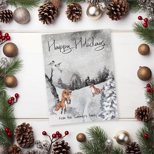 Fox Snow Winter landscape Watercolor Holiday Postcard