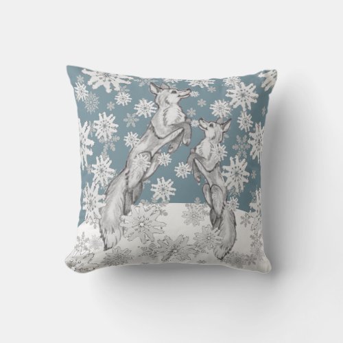 Fox  Snowflakes Foxes Blue White Winter Christmas Throw Pillow