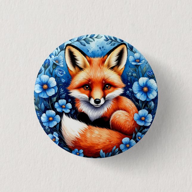 Fox Surrounded by Blue Flowers Button (Front)