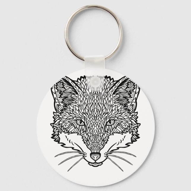 Fox-Tattoo art - Black line Illustration Keychain (Front)