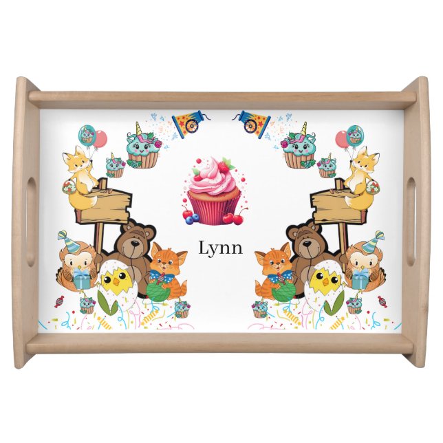 Fox Teddy Bear Cat Happy Birthday Serving Tray (Front)