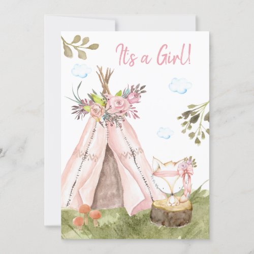  Fox Teepee Tent Boho Woodland Forest Girl Invitation