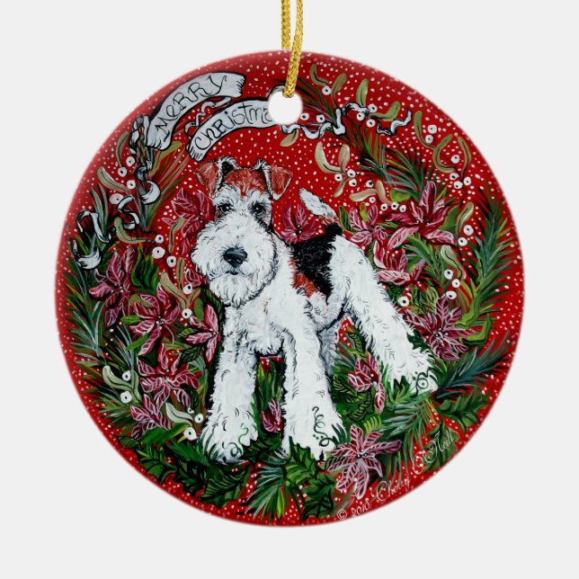 Fox Terrier Christmas Ceramic Ornament (Front)