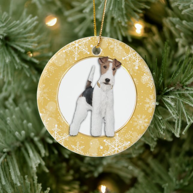 Fox Terrier Dog Gold Snowflake Border Ceramic Ornament (Tree)
