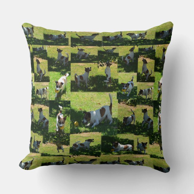Fox Terrier Playing, Photo Collarge Large Cushion. Throw Pillow (Front)