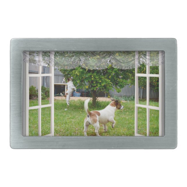 Fox Terriers Exploring The Garden,   Belt Buckle (Front)