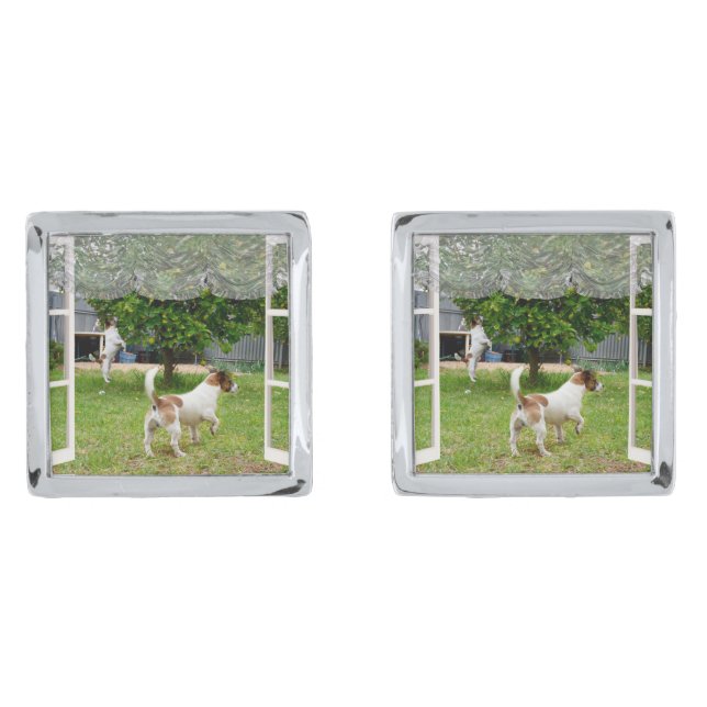 Fox Terriers Exploring The Garden,  Cufflinks (Front)