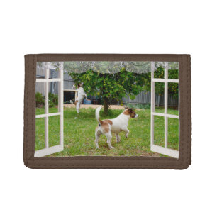 Fox Terriers Exploring The Garden, Trifold Wallet