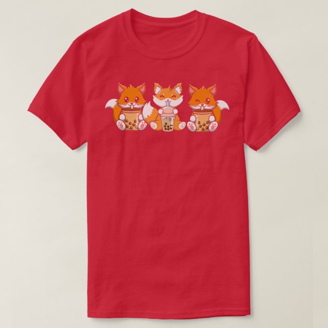 Fox Threesome Japanese Cute Animal Bubble Gum Tea  T-Shirt (Design Front)