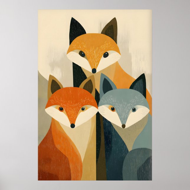 Fox Trio Art Print, Stylized Faces, Orange and Poster (Front)