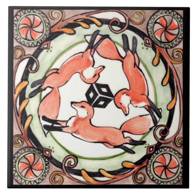 Fox Trio Mystical Circle Design Art Tile Trivet (Front)