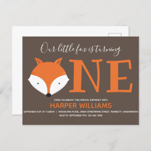 Fox Turning One First Animal Birthday Invitation Postcard