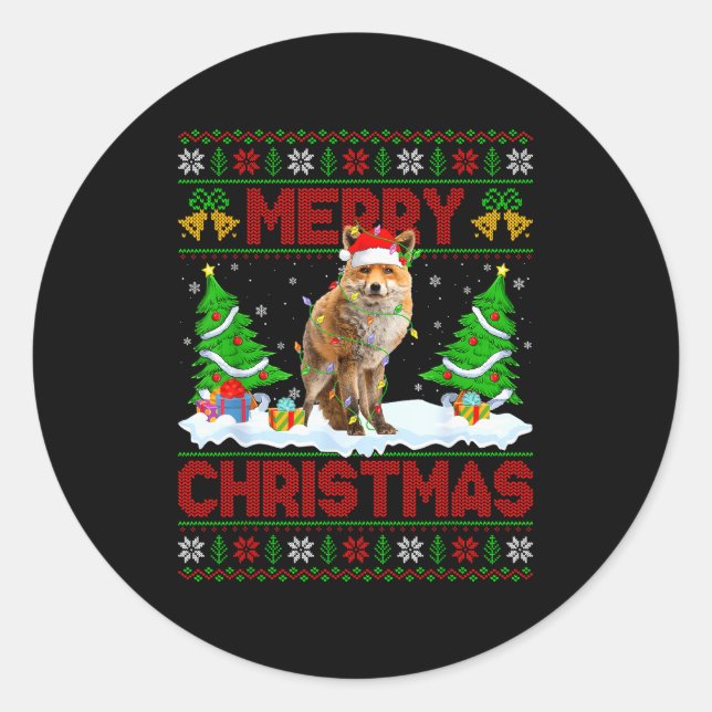 Fox Ugly Xmas Sweater Funny Fox Animal Merry Chris Classic Round Sticker (Front)