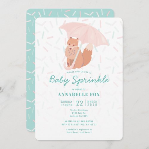 Fox Umbrella Mint Baby Sprinkle Shower Invitation