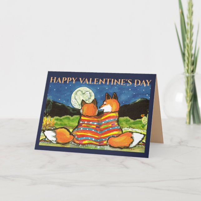 Fox Valentine Love Romantic Moon Art Foxy Blue Card (Front)
