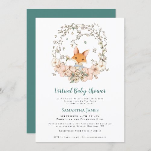 Fox Vintage Foliage Turquoise Virtual Baby Shower Invitation