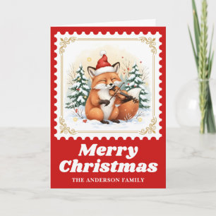 Fox Violin Retro Postage Stamp Christmas Holiday Card