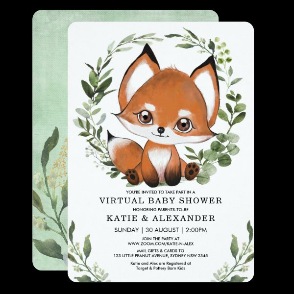 Fox Virtual Baby Shower By Mail Woodland Greenery Invitation