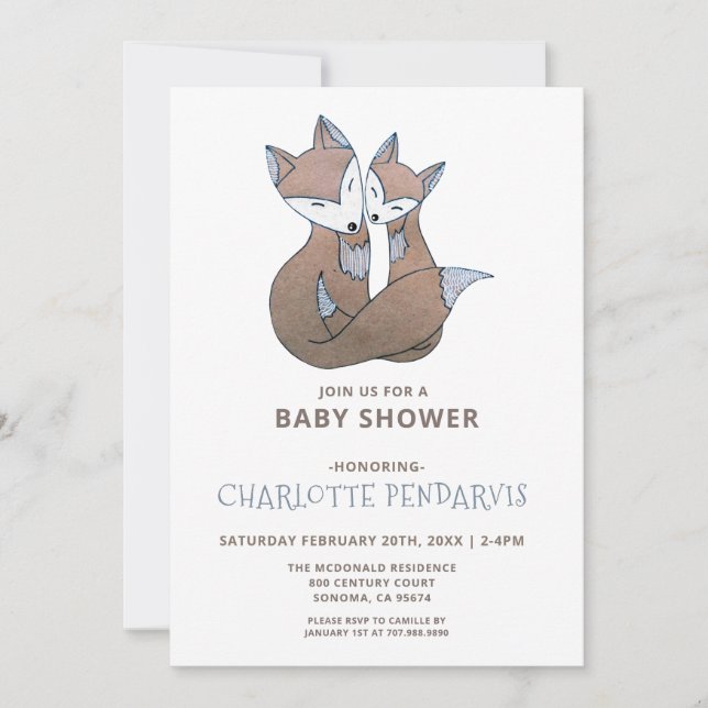 Fox Watercolor Baby Boy Blue Baby Shower Invitation (Front)