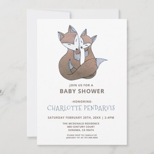 Fox Watercolor Baby Boy Blue Baby Shower Invitation