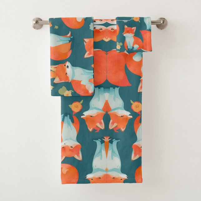Fox Watercolor Colorful Personalized Pattern Bath Towel Set (Insitu)