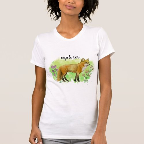 Fox Watercolor Illustration Flowers Wildlife Green T_Shirt