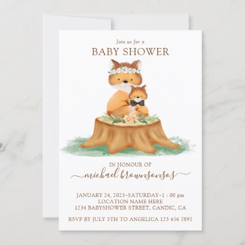 Fox Watercolor Mommy Baby Boy Shower Invitation