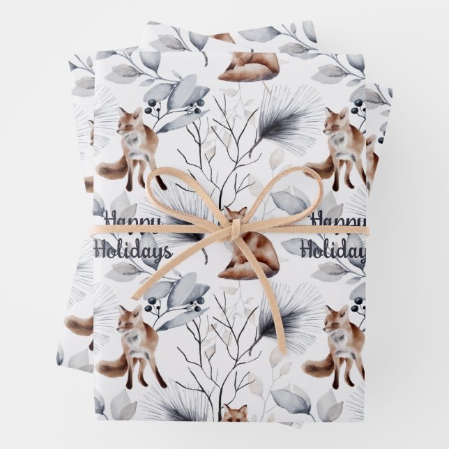 Fox Watercolor Woodland Illustration Christmas  Wrapping Paper Sheets (In situ)