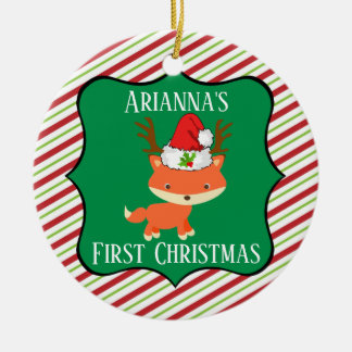 Fox Wearing Reindeer Santa Hat First Christmas Ceramic Ornament