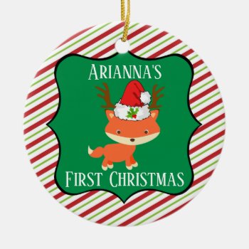 Fox Wearing Reindeer Santa Hat First Christmas Ceramic Ornament by csinvitations at Zazzle