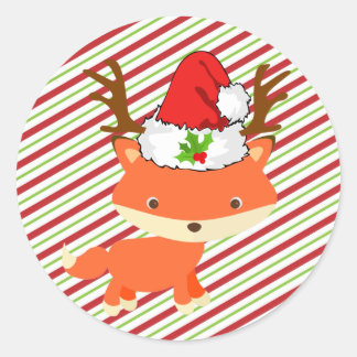 Fox Wearing Reindeer Santa Hat First Christmas Classic Round Sticker