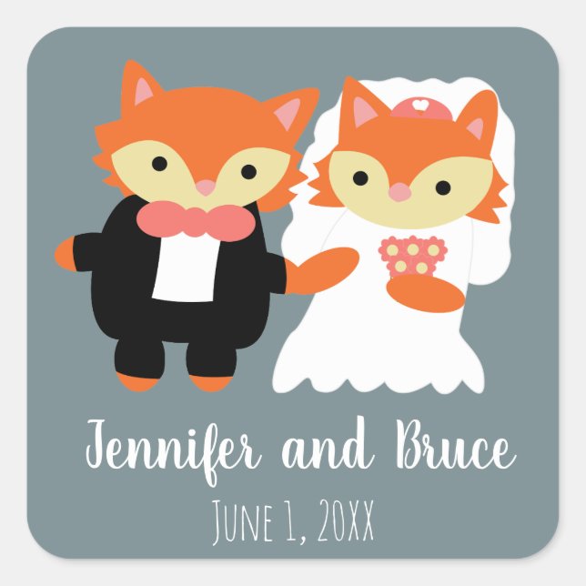 Fox Wedding Cute Gray Personalize Square Sticker (Front)