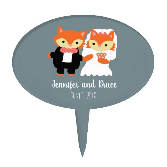 Fox Wedding Theme Bride Groom Gray Personalize Cake Topper (Front)