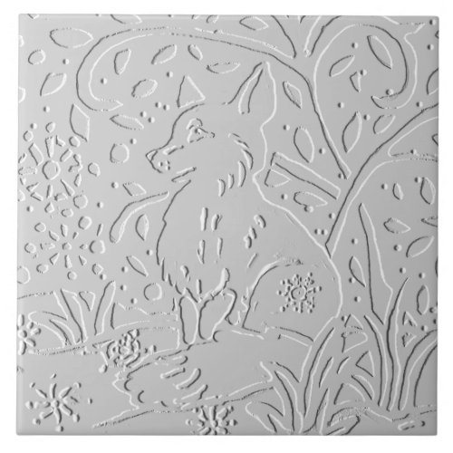 Fox White Gray Black Embossed  Woodland Snowflakes Ceramic Tile