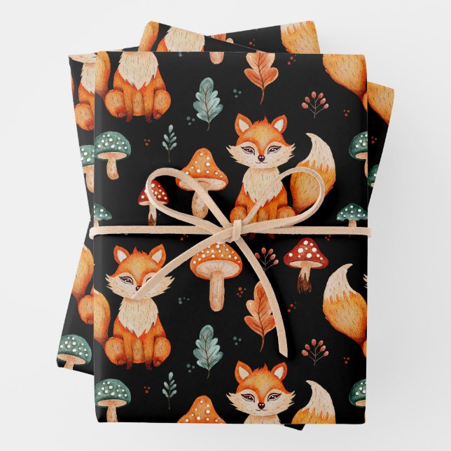 Fox, Wild Forest Mushrooms, Autumn Leaves  Wrapping Paper Sheets (In situ)