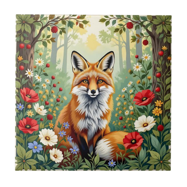 Fox Wildflower Forest Illustration Ceramic Tile (Front)