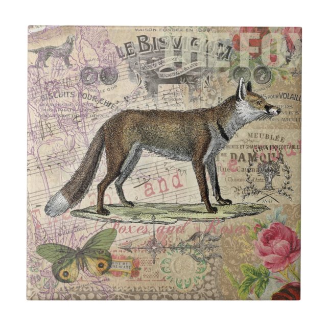 Fox Wildlife Vintage Animal Illustration  Ceramic Tile (Front)